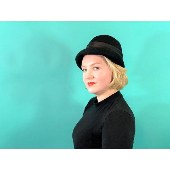 Vintage 1950s Black Fedora Henry Pollak Satin Bow Bucket Hat - Picture 4 of 10